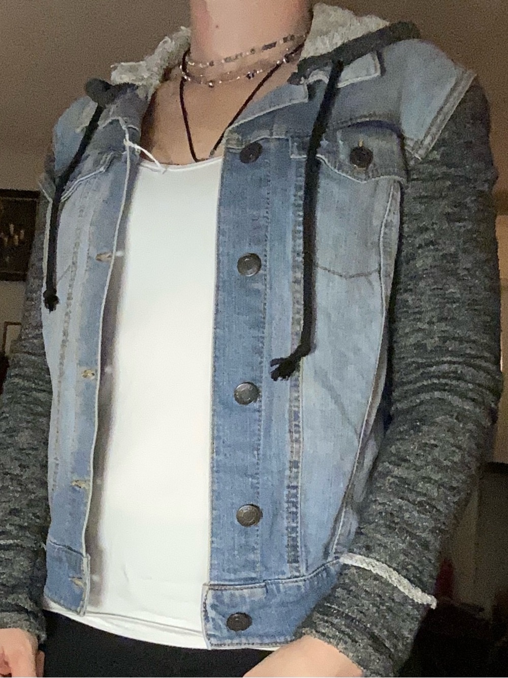 Mossimo Supply Co. Light Blue Denim Jacket with Gray Knit Sleeves